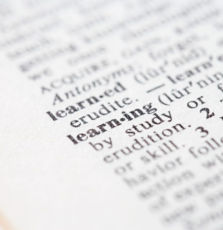 Education and Learning Definition of "learning" highlighted in a dictionary entry.